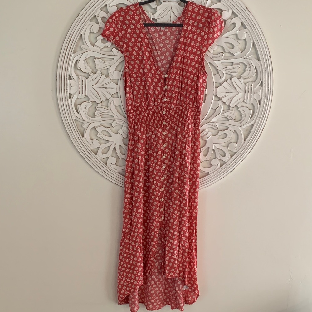 Coral Floral Button-Front Midi Dress
